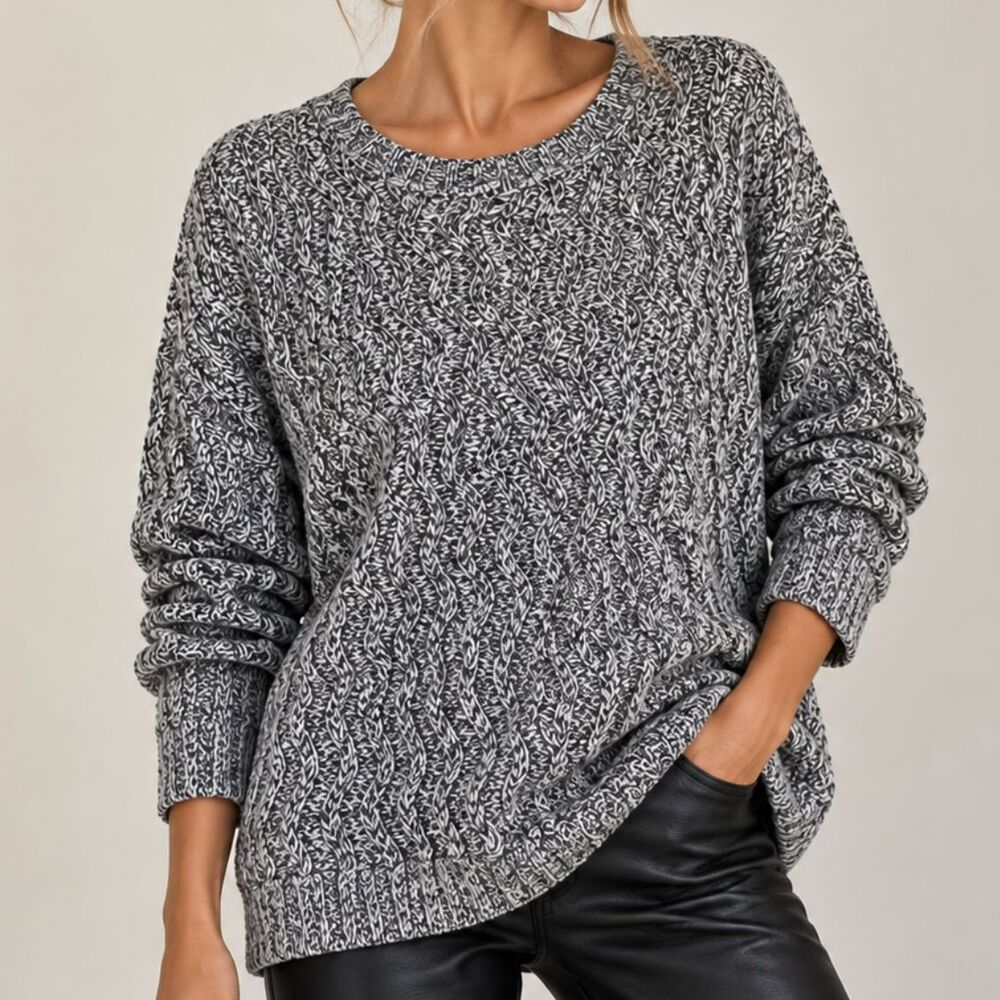St. John Marled Cable Knit Cotton Sweater Gray Black Size XL